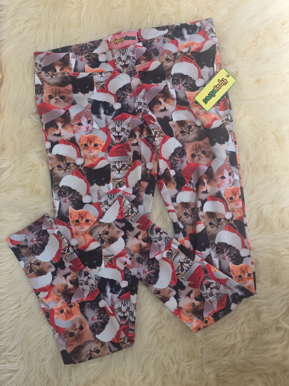 Tipsy Elves Multi-Color Cat Print Christmas Leggings NWT
